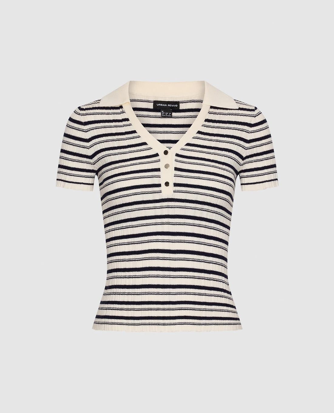 URBAN REVIVO - Áo dệt kim nữ cổ V tay ngắn kẻ sọc