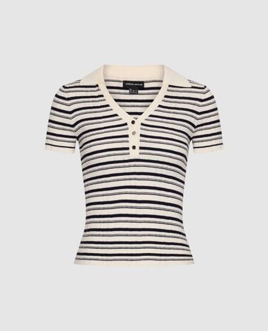  URBAN REVIVO - Áo dệt kim nữ cổ V tay ngắn kẻ sọc 