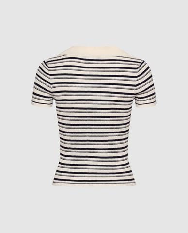  URBAN REVIVO - Áo dệt kim nữ cổ V tay ngắn kẻ sọc 