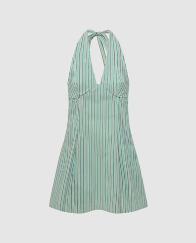  URBAN REVIVO - Đầm mini cổ yếm họa tiết kẻ sọc 