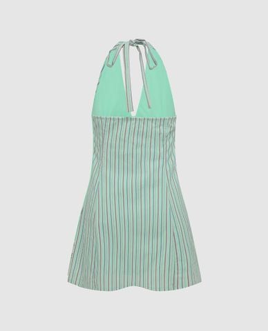  URBAN REVIVO - Đầm mini cổ yếm họa tiết kẻ sọc 