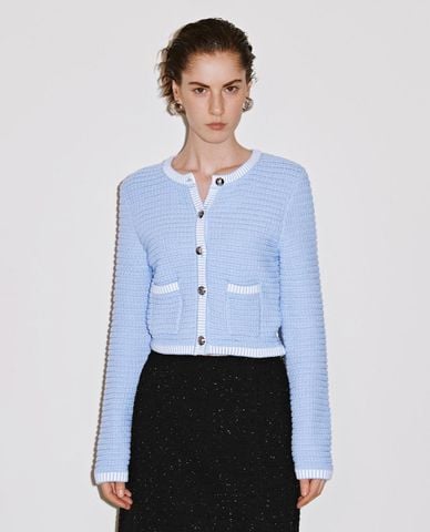  URBAN REVIVO - Áo khoác cardigan nữ cổ tròn tay dài phối viền 