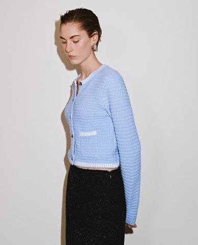  URBAN REVIVO - Áo khoác cardigan nữ cổ tròn tay dài phối viền 