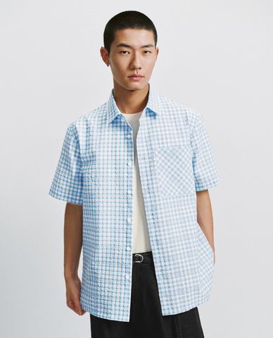  URBAN REVIVO - Áo sơ mi nam cổ bẻ tay ngắn sọc caro 