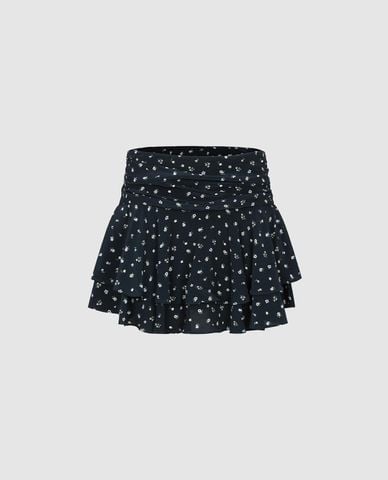  URBAN REVIVO - Chân váy xếp tầng mini phối bèo in hoa 