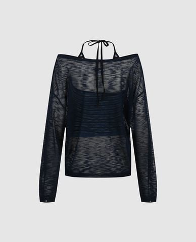  URBAN REVIVO - Áo dệt kim nữ cổ thuyền xuyên thấu in số 