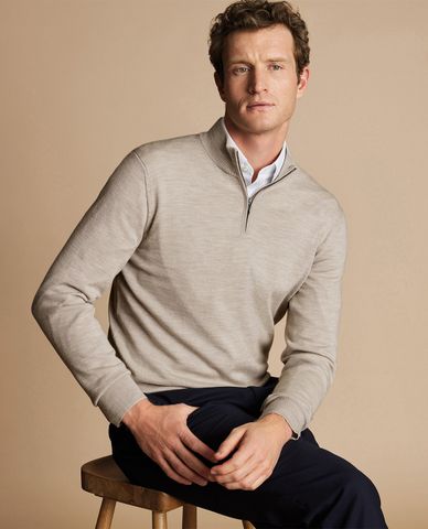  CHARLES TYRWHITT - Áo dệt kim nam cổ trụ tay dài Merino Zip 