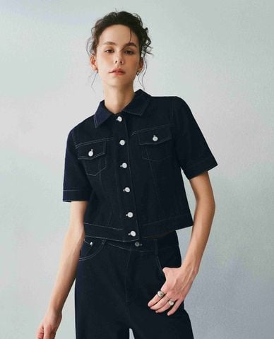  DEZUS - Áo sơ mi denim nữ tay ngắn phối túi Grarie 