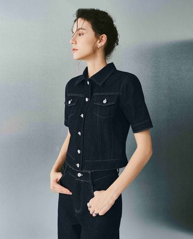  DEZUS - Áo sơ mi denim nữ tay ngắn phối túi Grarie 