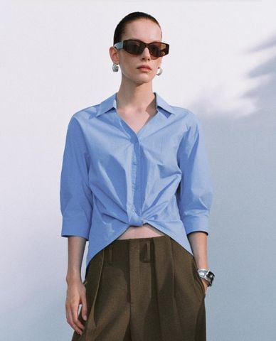  URBAN REVIVO - Áo sơ mi nữ cổ bẻ tay lửng xoắn eo 