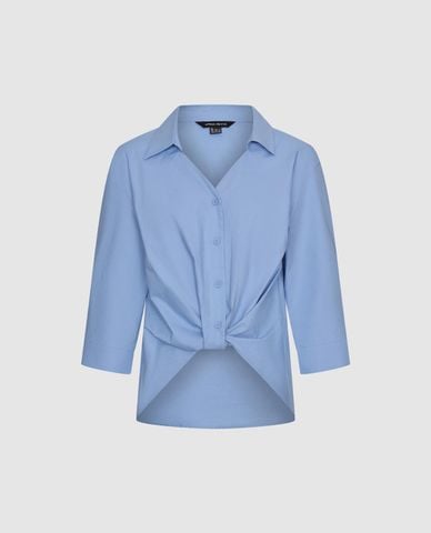  URBAN REVIVO - Áo sơ mi nữ cổ bẻ tay lửng xoắn eo 