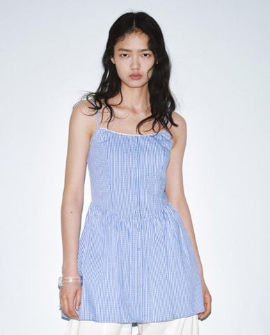  URBAN REVIVO - Đầm hai dây mini kẻ sọc phối nút 