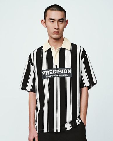  URBAN REVIVO - Áo polo nam cổ tròn tay ngắn phối sọc 