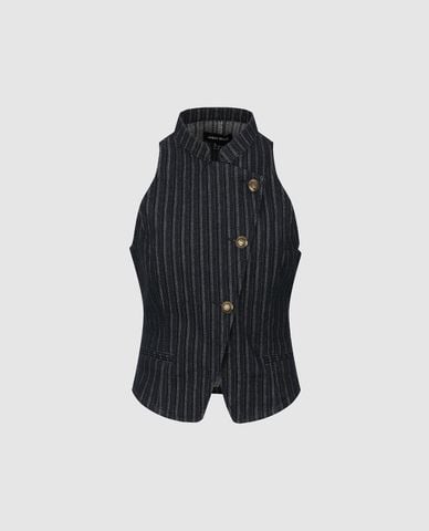  URBAN REVIVO - Áo sát nách denim nữ cổ trụ kẻ sọc 
