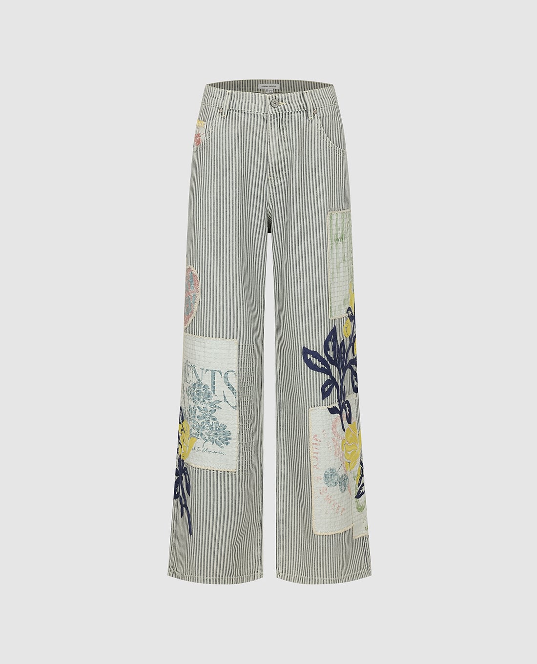 URBAN REVIVO - Quần jeans nữ ống rộng kẻ sọc thêu họa tiết