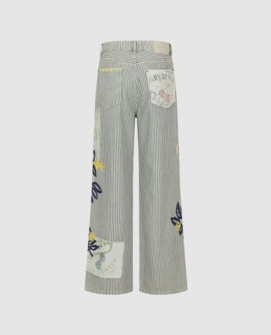  URBAN REVIVO - Quần jeans nữ ống rộng kẻ sọc thêu họa tiết 