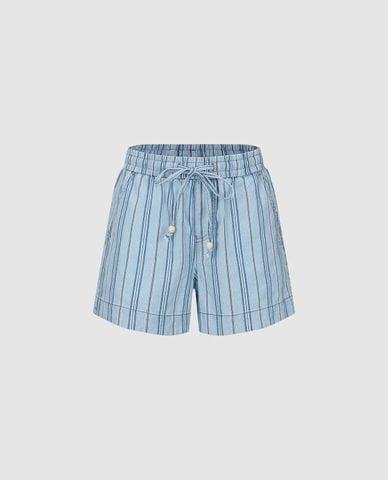  URBAN REVIVO - Quần short nữ ống rộng kẻ sọc phối dây rút 