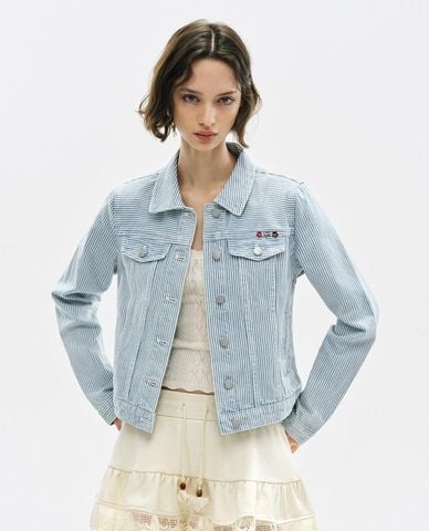 URBAN REVIVO - Áo khoác denim nữ cổ bẻ tay dài kẻ sọc 