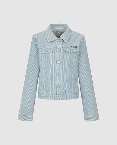  URBAN REVIVO - Áo khoác denim nữ cổ bẻ tay dài kẻ sọc 