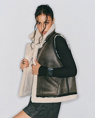  DEZUS - Áo khoác gilet nữ da lộn viền lông Lumiere 