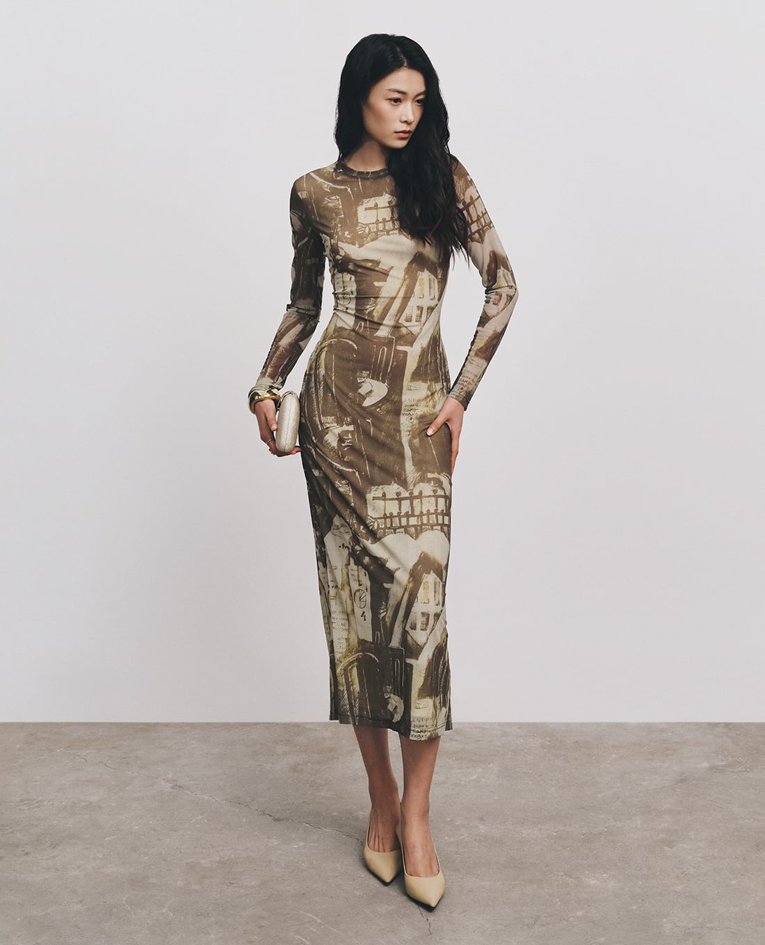 DEZUS - Đầm body midi tay dài họa tiết Grindy