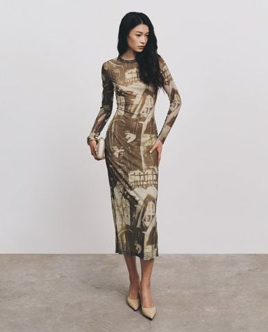  DEZUS - Đầm body midi tay dài họa tiết Grindy 