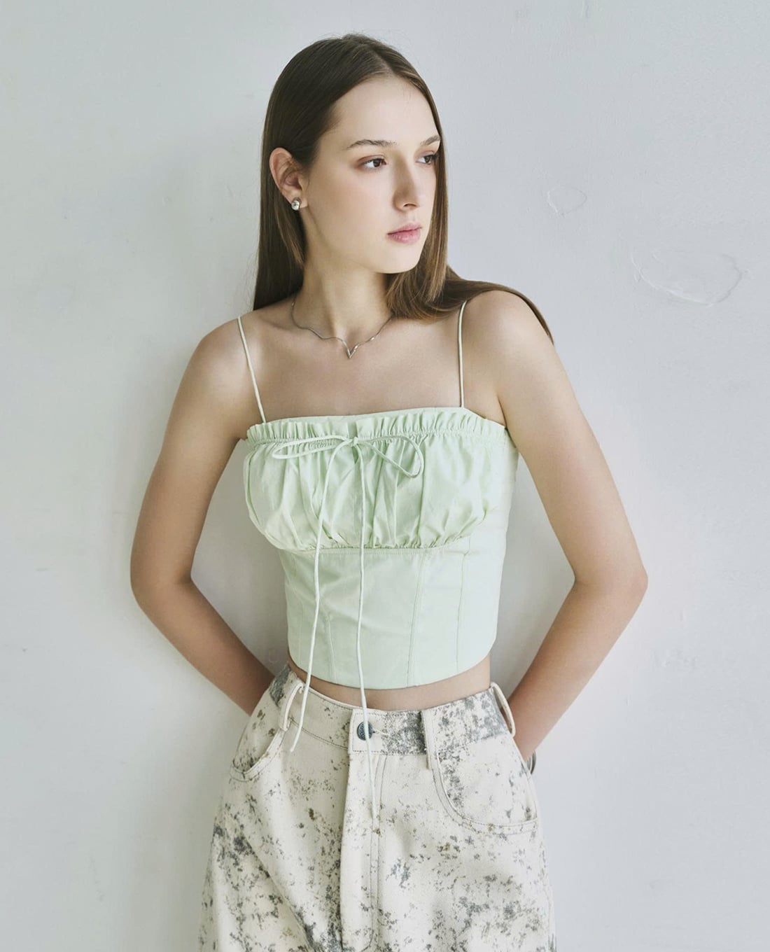 DEZUS - Áo corset nữ nhún ngực thắt nơ Mintee