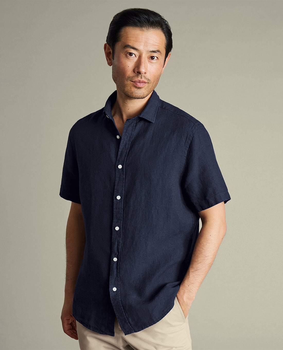 CHARLES TYRWHITT - Áo sơ mi nam cổ bẻ tay ngắn Pure Linen