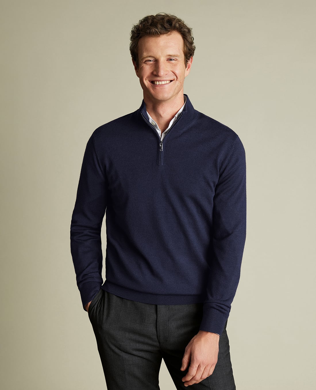 CHARLES TYRWHITT - Áo dệt kim nam cổ trụ tay dài Merino Zip