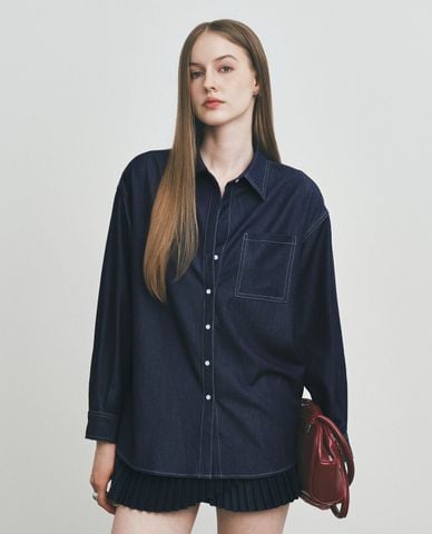  DEZUS - Áo sơ mi denim nữ cổ bẻ tay dài Fellym 