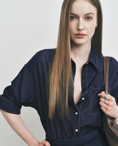  DEZUS - Áo sơ mi denim nữ cổ bẻ tay dài Fellym 