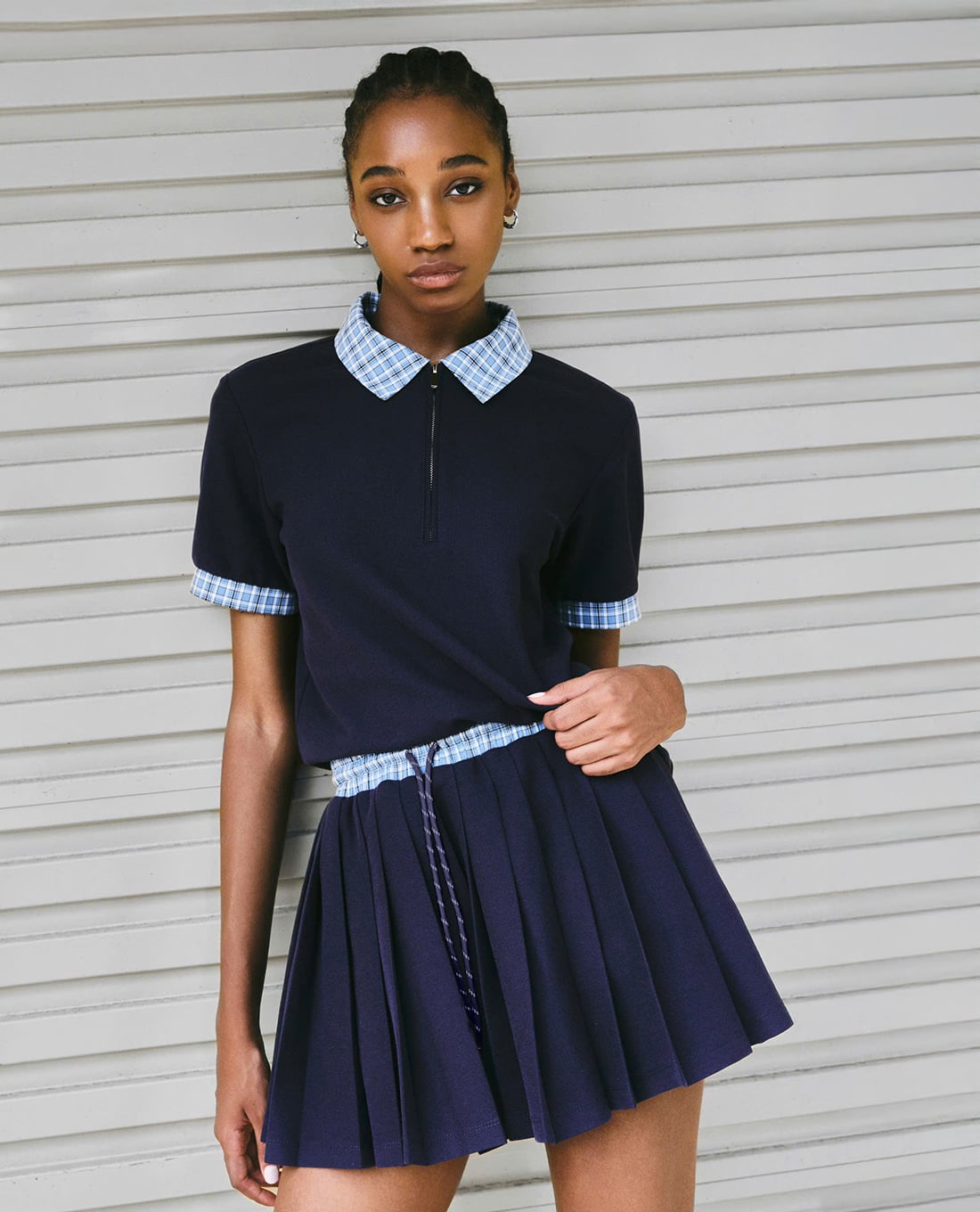 DEZUS - Chân váy xếp li mini phối dây rút Navie