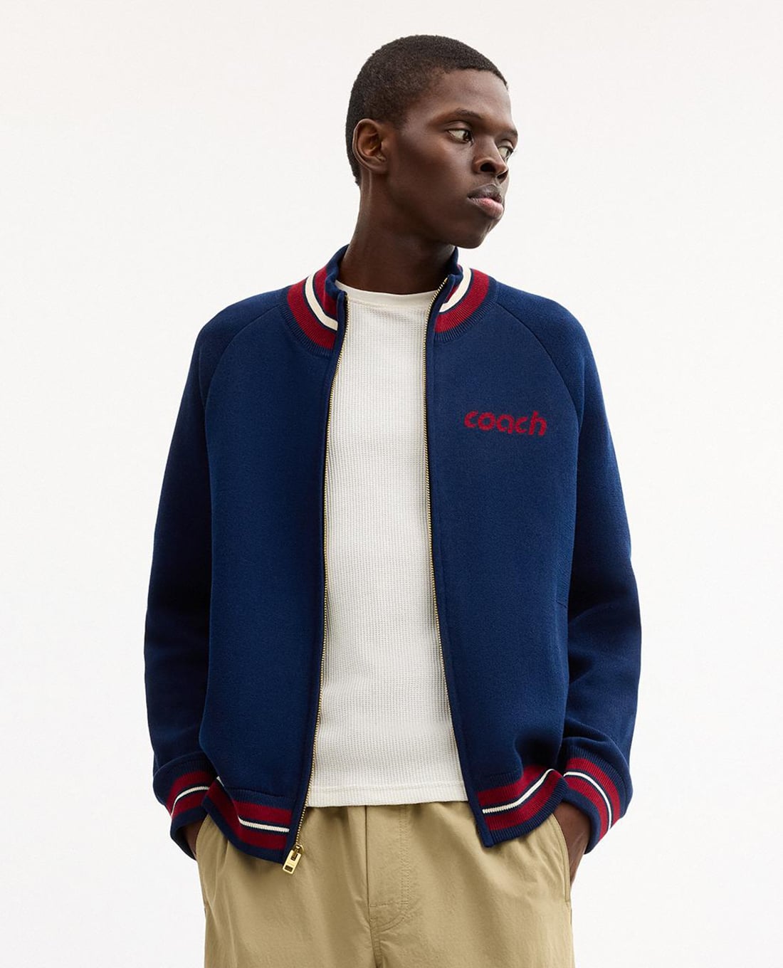 COACH - Áo khoác cardigan nam cổ cao tay dài viền sọc