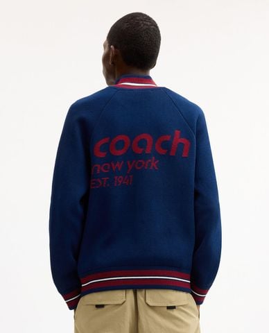  COACH - Áo khoác cardigan nam cổ cao tay dài viền sọc 