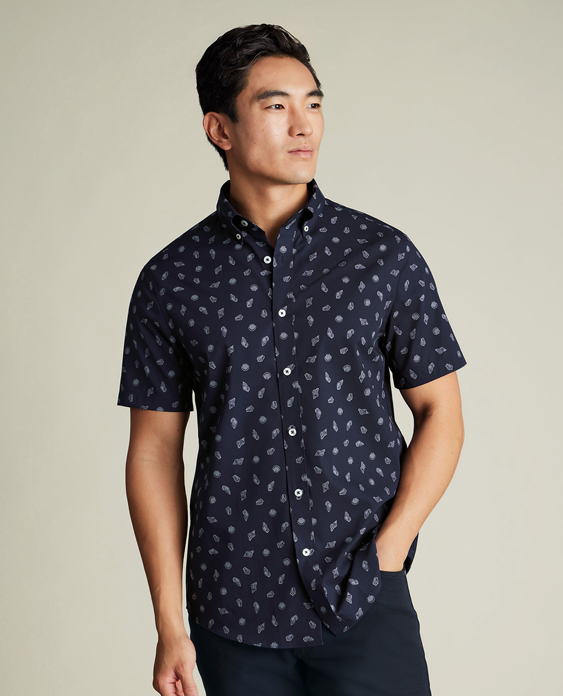 CHARLES TYRWHITT - Áo sơ mi nam cổ bẻ tay ngắn Poplin Shell Print