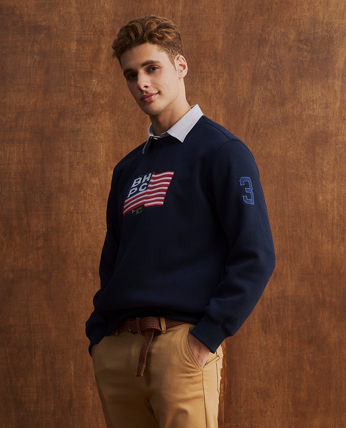 BEVERLY HILLS POLO CLUB - Áo sweater nam cổ tròn tay dài phối logo