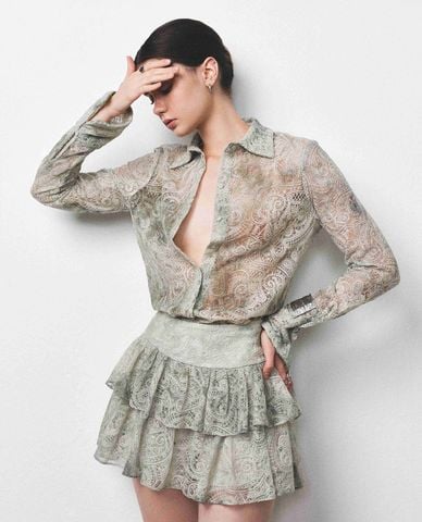  DEZUS - Áo sơ mi nữ cổ bẻ tay dài xuyên thấu Ezam 