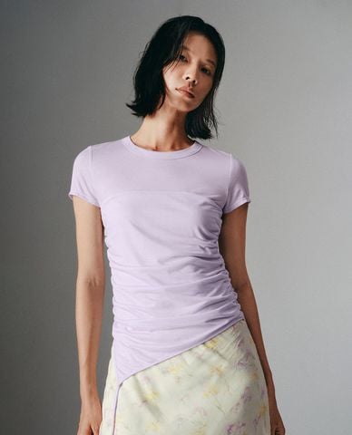  URBAN REVIVO - Áo kiểu nữ cổ tròn nhún eo phối dây rút 