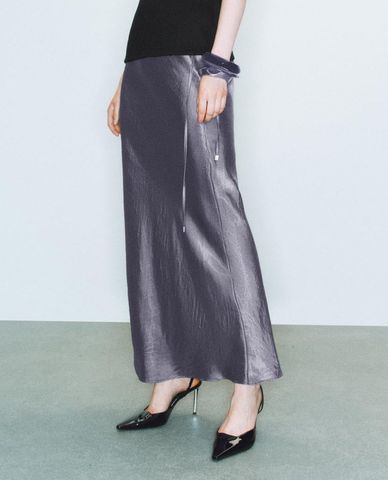  URBAN REVIVO - Chân váy phom suông midi xẻ tà phối dây rút 