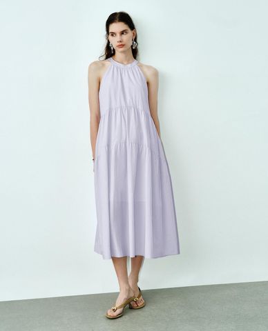  URBAN REVIVO - Đầm sát nách midi cổ yếm xếp tầng 