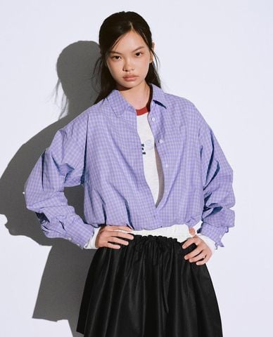  URBAN REVIVO - Áo sơ mi nữ tay dài bo gấu kẻ caro 