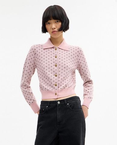  COACH - Áo dệt kim nữ cổ bẻ tay dài Shrunken Heart 