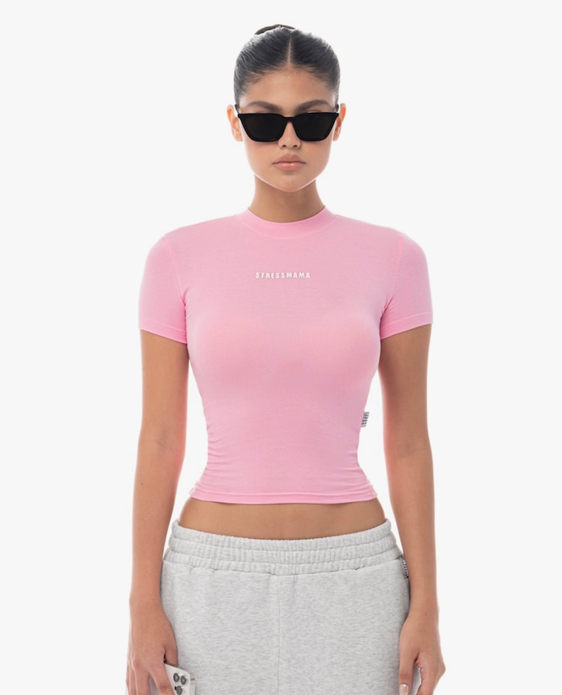 STRESSMAMA - Áo thun nữ cổ tròn tay ngắn phom ôm in logo