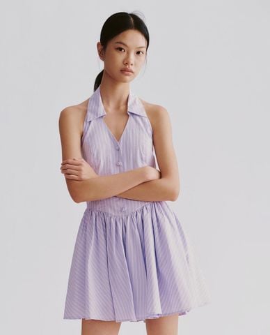  URBAN REVIVO - Đầm sát nách mini cổ V kẻ sọc dáng xoè 
