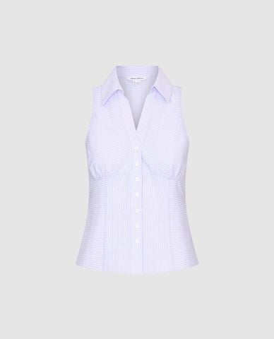  URBAN REVIVO - Áo kiểu nữ sát nách cổ V kẻ sọc phom ôm 