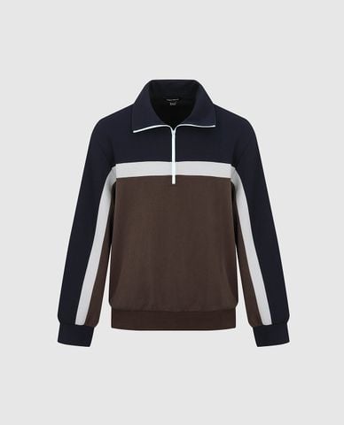  URBAN REVIVO - Áo polo nam tay dài kẻ sọc khóa kéo 
