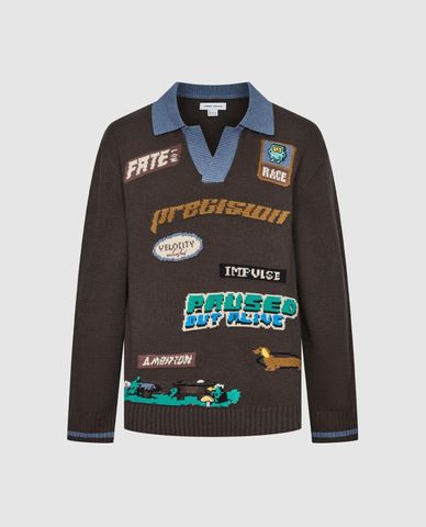  URBAN REVIVO - Áo dệt kim nam tay dài phối họa tiết chữ 