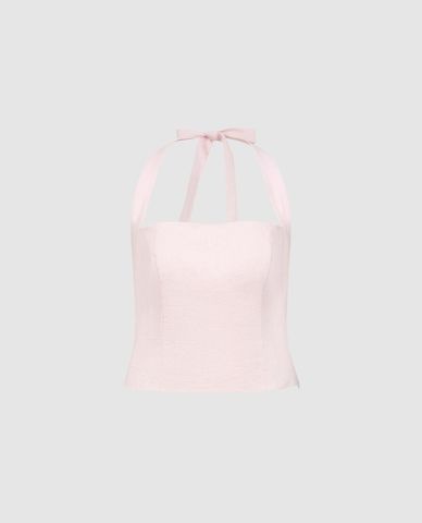  URBAN REVIVO - Áo kiểu nữ cổ yếm buộc nơ 