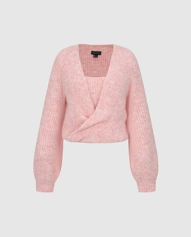  URBAN REVIVO - Áo dệt kim nữ tay dài vạt chéo phom croptop 