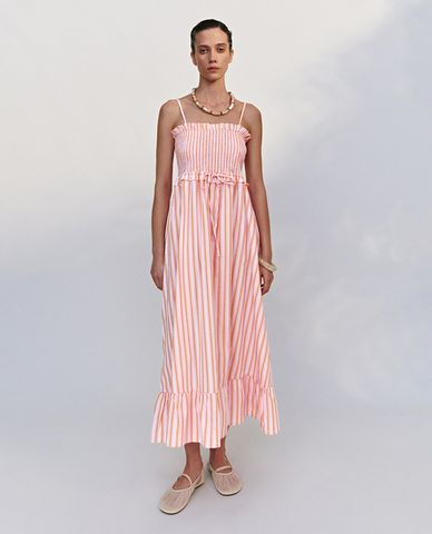  URBAN REVIVO - Đầm hai dây midi kẻ sọc 